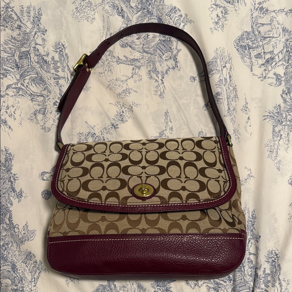 Coach Burgundy and Tan Signature Shoulder Bag